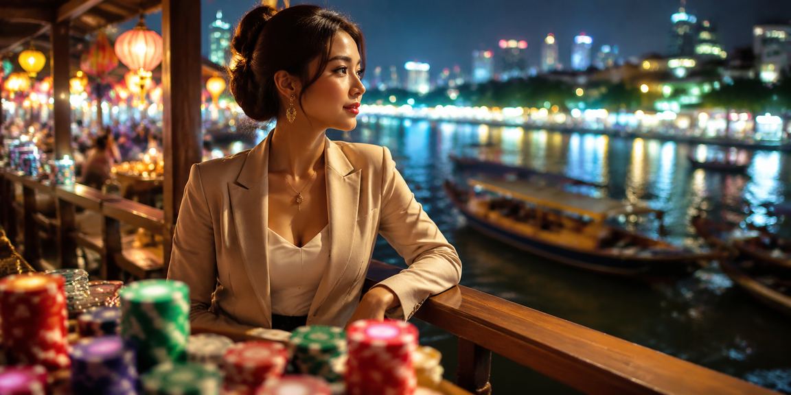Người chơi slots tại chợ đêm vùng Mekong, không khí giải trí rộn ràng và đầy màu sắc